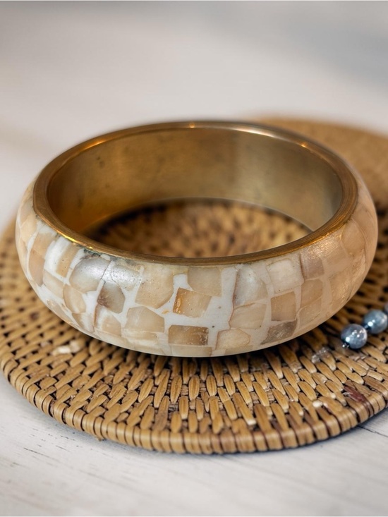 Jewelry - Vintage Bohemian Chunky Brass & Mother of Pearl Mosaic Inlay Bangle Bracelet